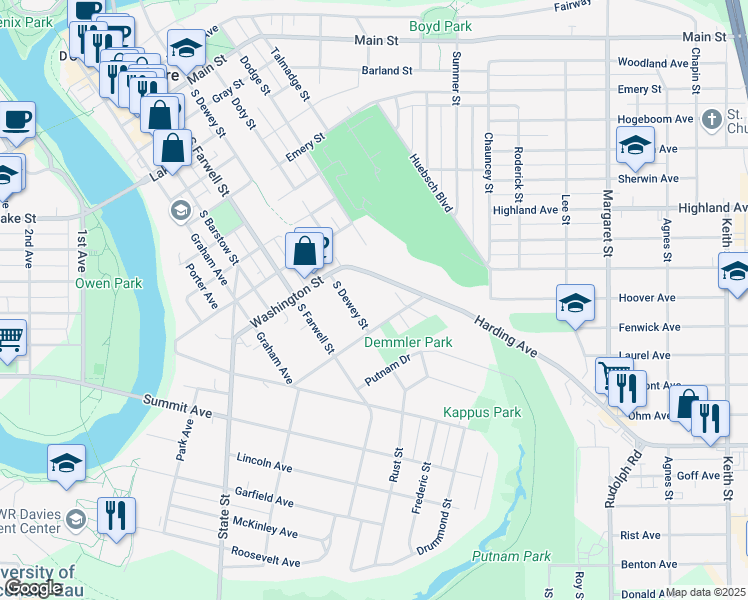 map of restaurants, bars, coffee shops, grocery stores, and more near 1237 South Dewey Street in Eau Claire