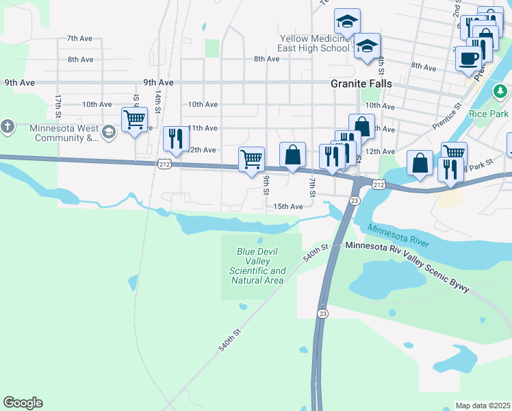 map of restaurants, bars, coffee shops, grocery stores, and more near 1440 9th Street in Granite Falls