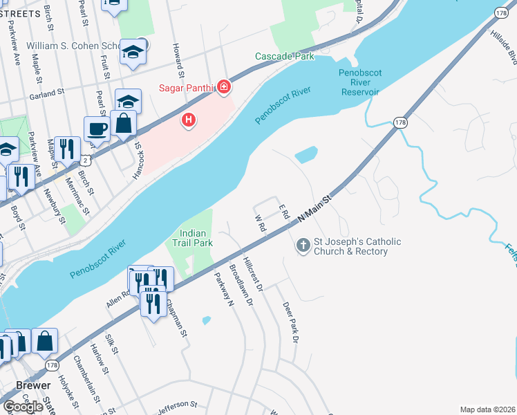 map of restaurants, bars, coffee shops, grocery stores, and more near 9 North Road in Brewer