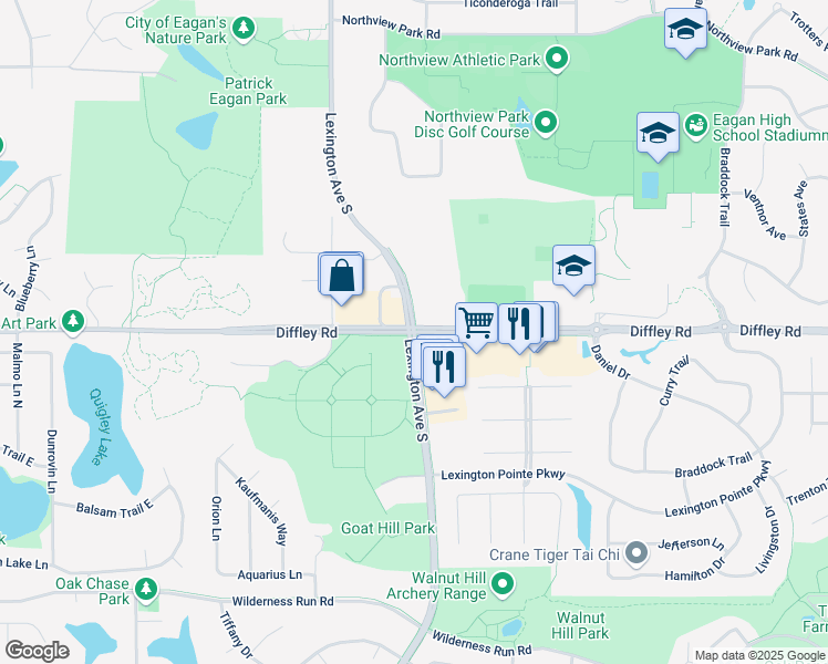 map of restaurants, bars, coffee shops, grocery stores, and more near Diffley Rd & Lexington Ave S in Eagan