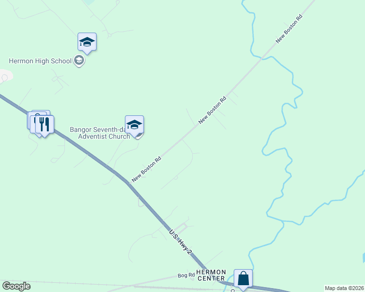 map of restaurants, bars, coffee shops, grocery stores, and more near 1 Fenway Drive in Hermon