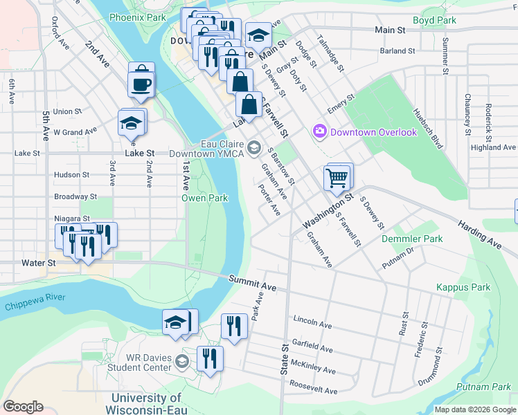 map of restaurants, bars, coffee shops, grocery stores, and more near 104 Wilcox Street in Eau Claire
