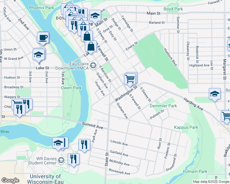 map of restaurants, bars, coffee shops, grocery stores, and more near 1104 South Barstow Street in Eau Claire