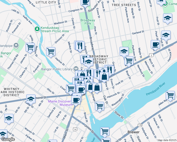 map of restaurants, bars, coffee shops, grocery stores, and more near 225 French Street in Bangor