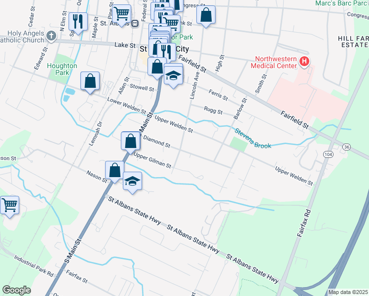 map of restaurants, bars, coffee shops, grocery stores, and more near 111 Lincoln Avenue in Saint Albans City