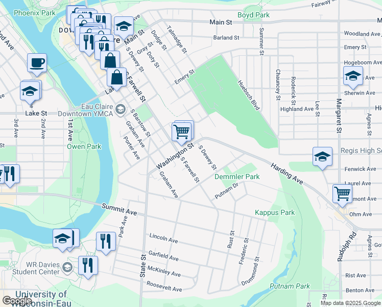 map of restaurants, bars, coffee shops, grocery stores, and more near 425 Washington Street in Eau Claire