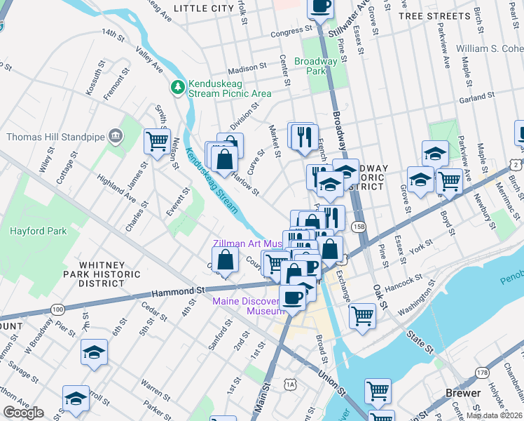 map of restaurants, bars, coffee shops, grocery stores, and more near 202 Harlow Street in Bangor
