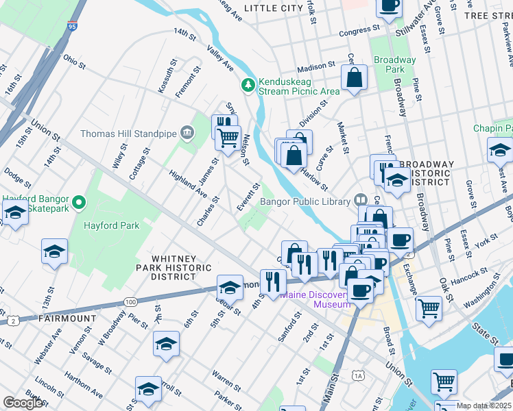 map of restaurants, bars, coffee shops, grocery stores, and more near 147 Court Street in Bangor