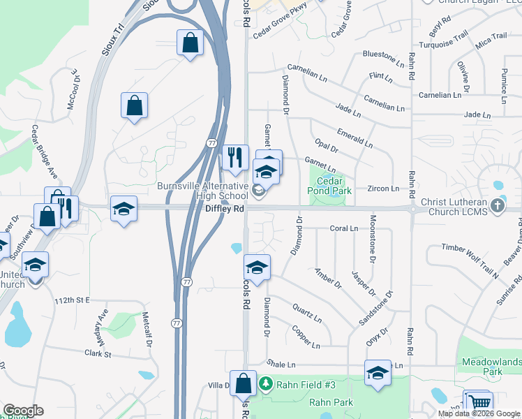 map of restaurants, bars, coffee shops, grocery stores, and more near 2144 Diffley Road in Eagan