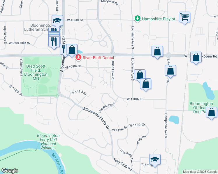map of restaurants, bars, coffee shops, grocery stores, and more near 10956 Highland Road in Minneapolis