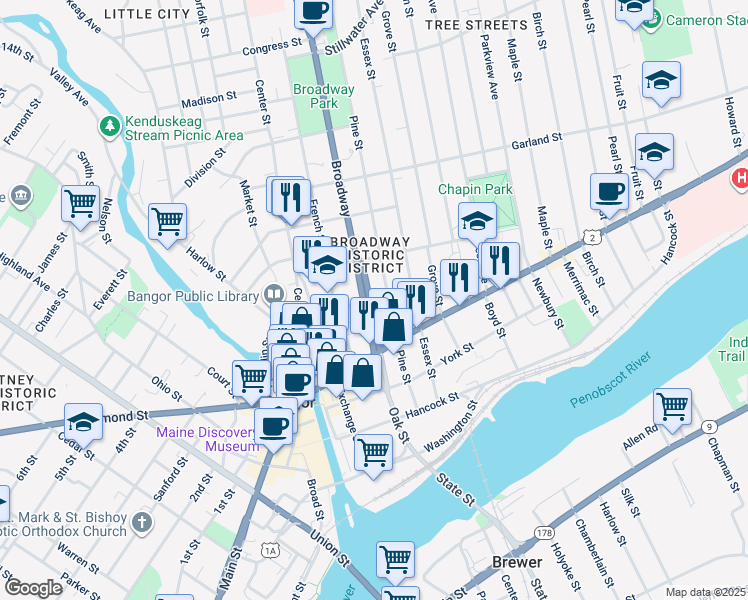 map of restaurants, bars, coffee shops, grocery stores, and more near 79 Broadway in Bangor
