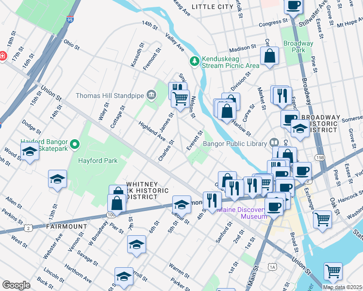 map of restaurants, bars, coffee shops, grocery stores, and more near 167 Court Street in Bangor