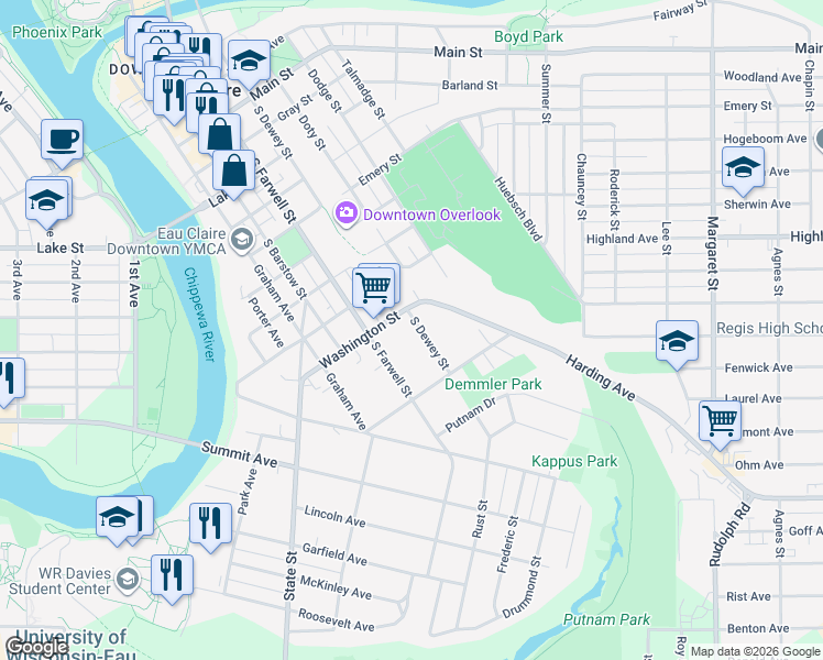 map of restaurants, bars, coffee shops, grocery stores, and more near 425 Washington Street in Eau Claire