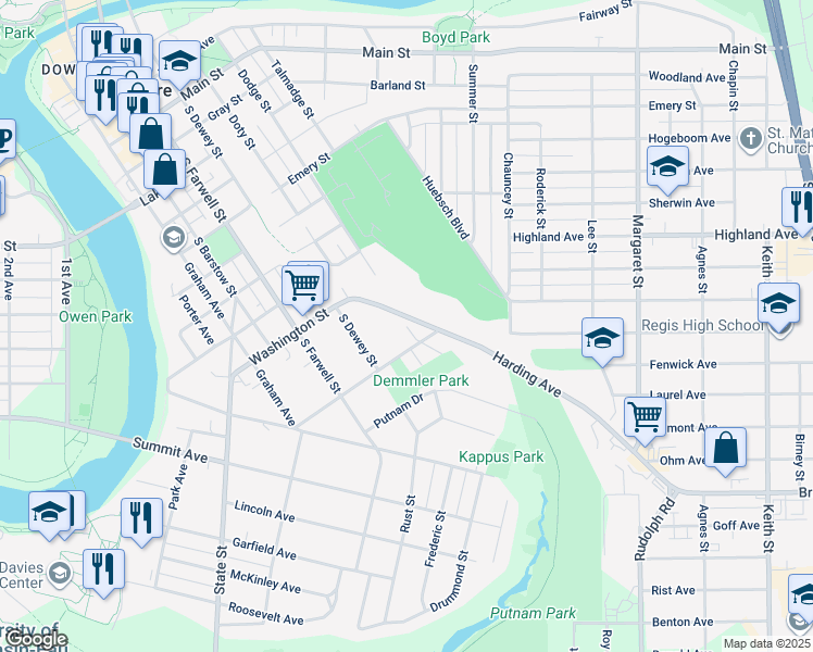 map of restaurants, bars, coffee shops, grocery stores, and more near 1026 East Street in Eau Claire