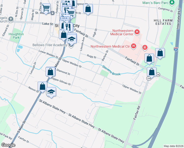 map of restaurants, bars, coffee shops, grocery stores, and more near 42 Barlow Street in Saint Albans City