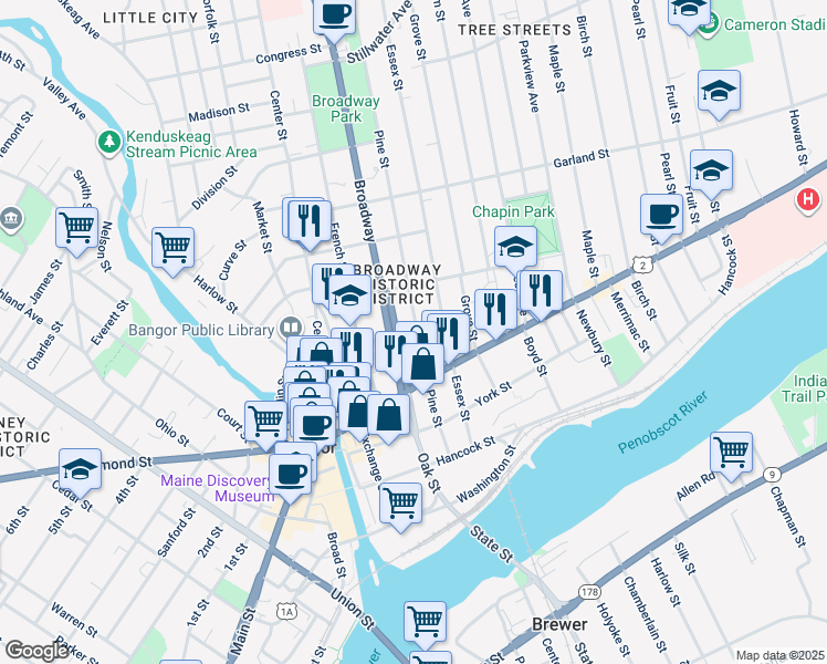 map of restaurants, bars, coffee shops, grocery stores, and more near 48 Penobscot Street in Bangor