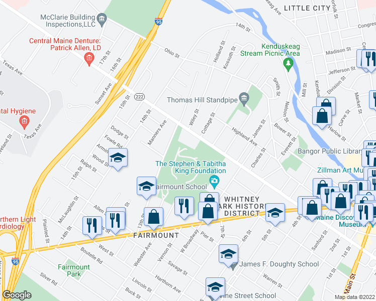 map of restaurants, bars, coffee shops, grocery stores, and more near 175 13th Street in Bangor