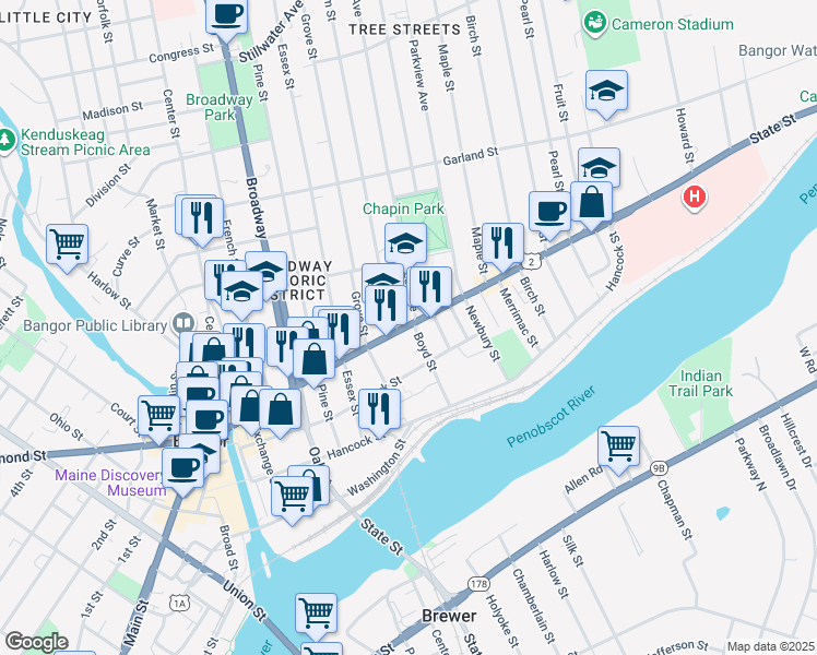 map of restaurants, bars, coffee shops, grocery stores, and more near 175 State Street in Bangor