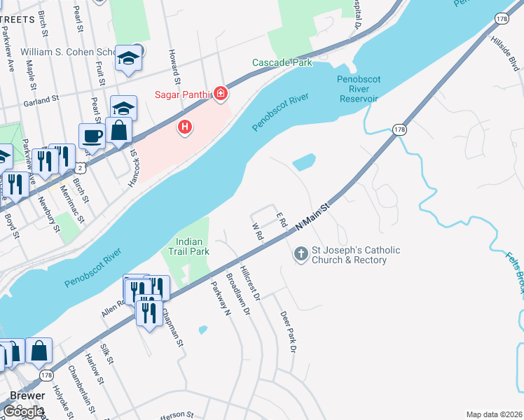 map of restaurants, bars, coffee shops, grocery stores, and more near 9 North Road in Brewer