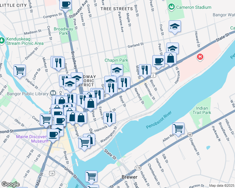 map of restaurants, bars, coffee shops, grocery stores, and more near 175 State Street in Bangor