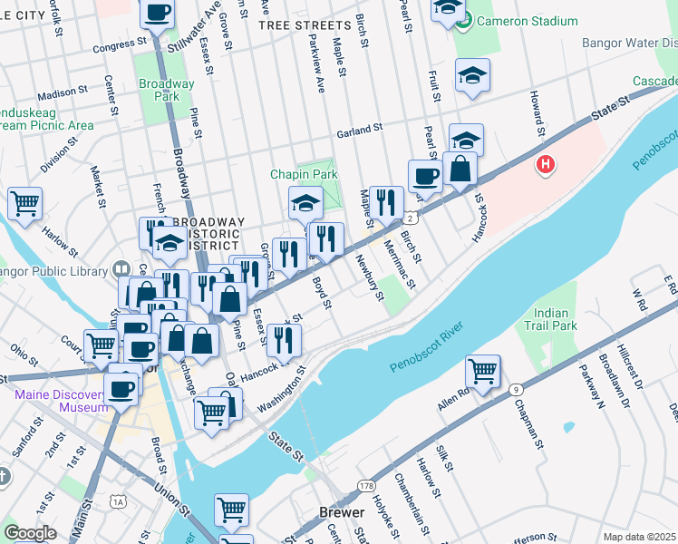 map of restaurants, bars, coffee shops, grocery stores, and more near 9 State Street Avenue in Bangor