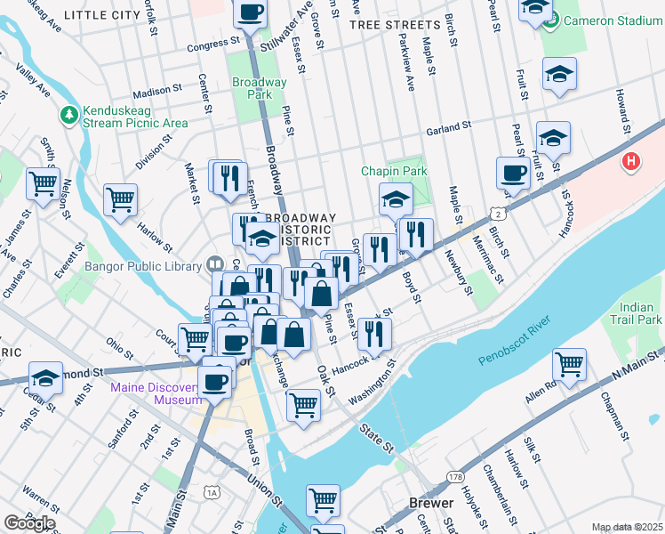 map of restaurants, bars, coffee shops, grocery stores, and more near 103 Essex Street in Bangor