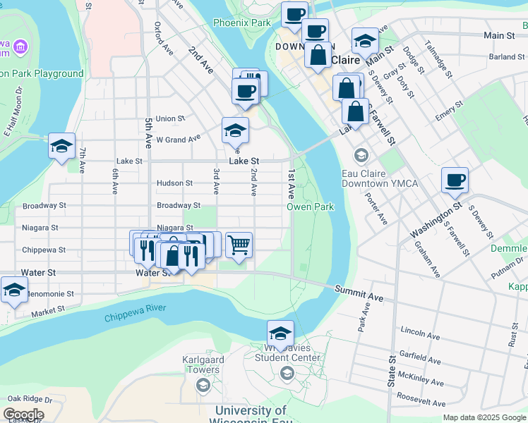 map of restaurants, bars, coffee shops, grocery stores, and more near 140 Broadway Street in Eau Claire