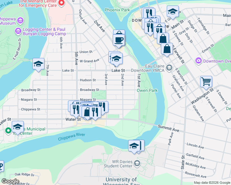 map of restaurants, bars, coffee shops, grocery stores, and more near 223 Broadway Street in Eau Claire