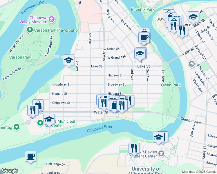 map of restaurants, bars, coffee shops, grocery stores, and more near 425 Broadway Street in Eau Claire
