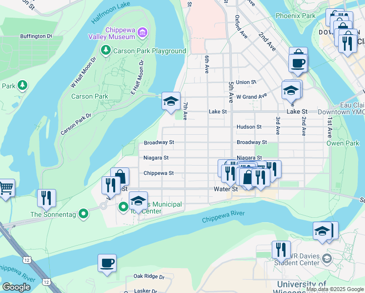 map of restaurants, bars, coffee shops, grocery stores, and more near 631 Broadway Street in Eau Claire