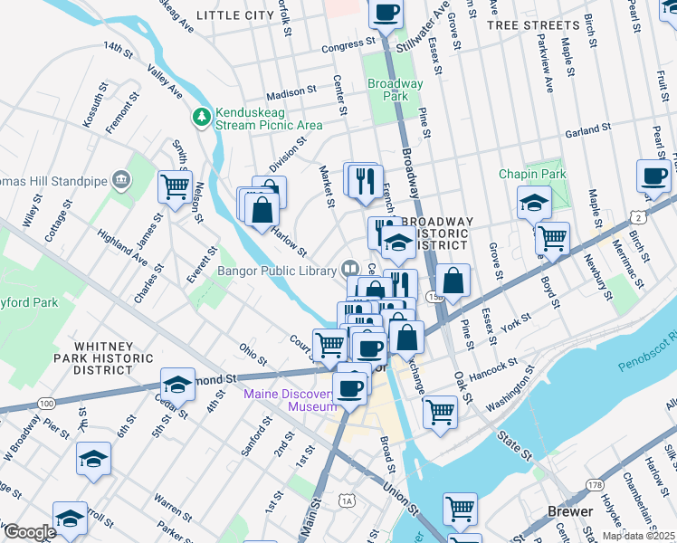 map of restaurants, bars, coffee shops, grocery stores, and more near 185 Harlow Street in Bangor