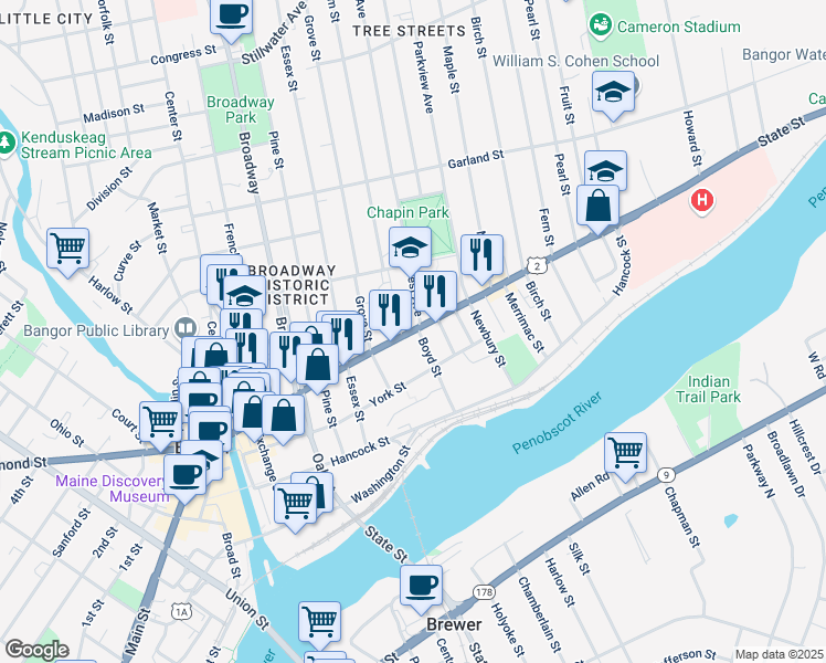 map of restaurants, bars, coffee shops, grocery stores, and more near 178 State Street in Bangor