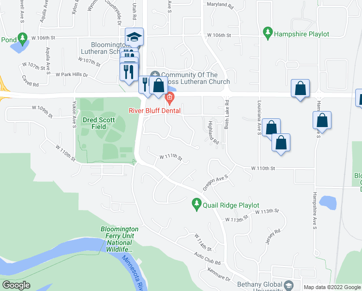 map of restaurants, bars, coffee shops, grocery stores, and more near 7429 West 110th Street in Minneapolis
