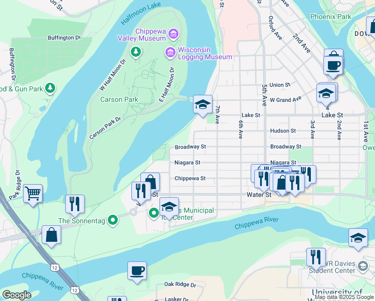 map of restaurants, bars, coffee shops, grocery stores, and more near 809 Broadway Street in Eau Claire