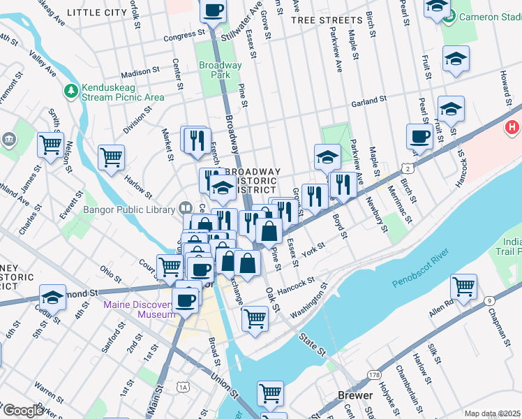 map of restaurants, bars, coffee shops, grocery stores, and more near 48 Penobscot Street in Bangor