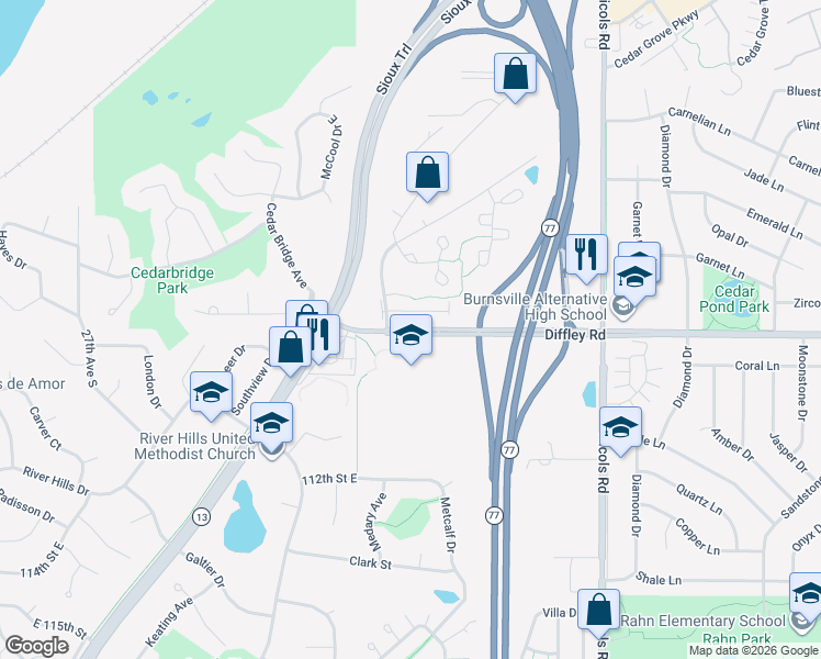 map of restaurants, bars, coffee shops, grocery stores, and more near Diffley Road in Burnsville