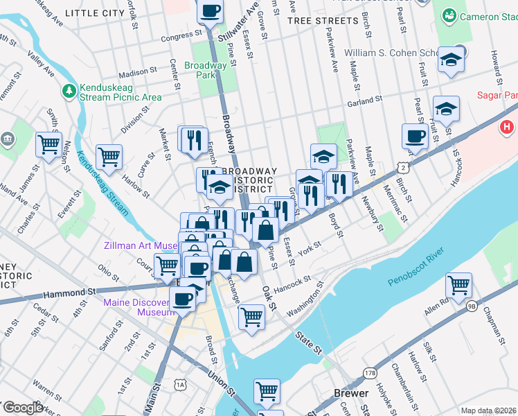 map of restaurants, bars, coffee shops, grocery stores, and more near 50 Penobscot Street in Bangor