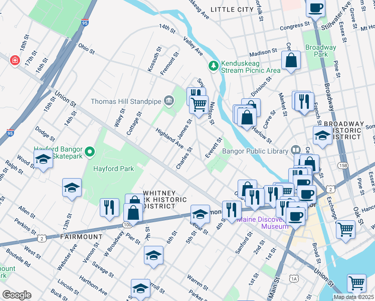 map of restaurants, bars, coffee shops, grocery stores, and more near 31 Highland Avenue in Bangor