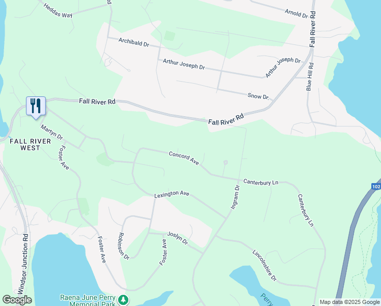 map of restaurants, bars, coffee shops, grocery stores, and more near 90 Concord Avenue in Fall River