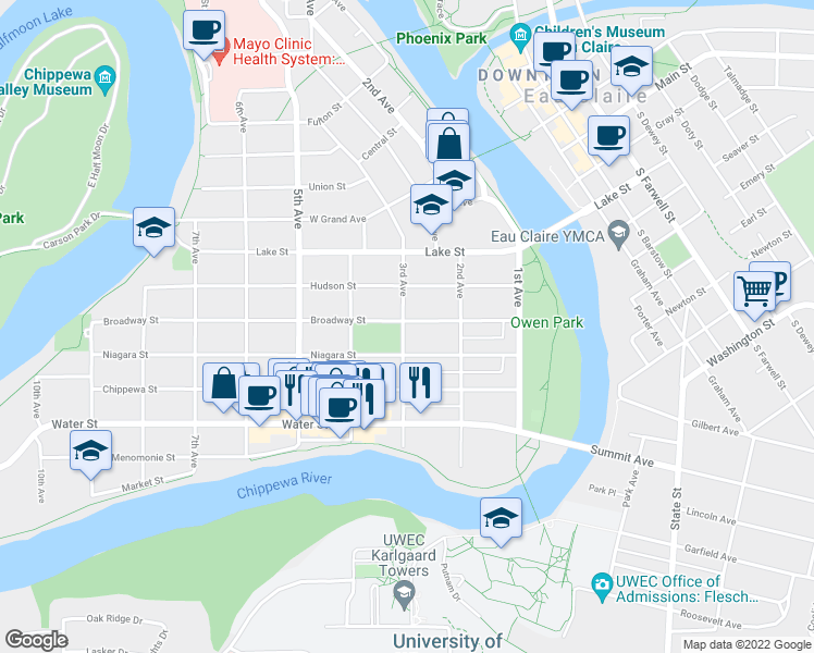 map of restaurants, bars, coffee shops, grocery stores, and more near 423 3rd Avenue in Eau Claire