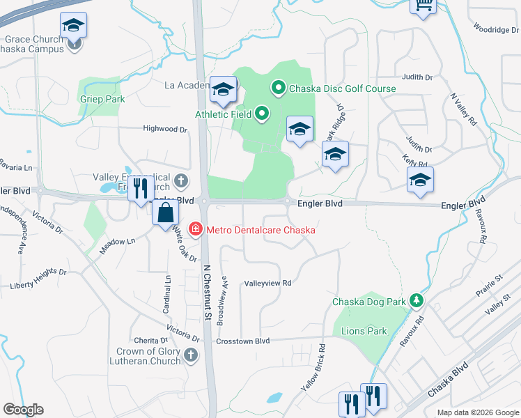 map of restaurants, bars, coffee shops, grocery stores, and more near 1552 Sunshine Circle in Chaska