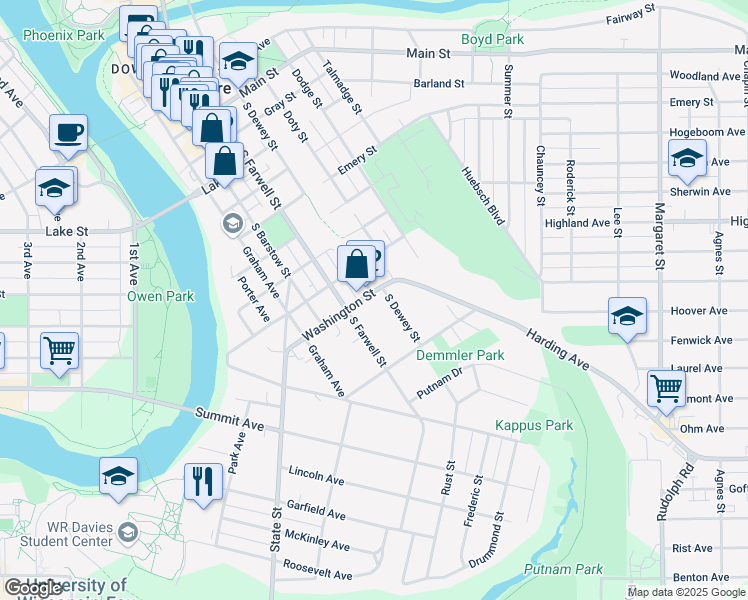 map of restaurants, bars, coffee shops, grocery stores, and more near 425 Washington Street in Eau Claire