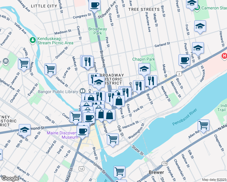map of restaurants, bars, coffee shops, grocery stores, and more near 79 Broadway in Bangor