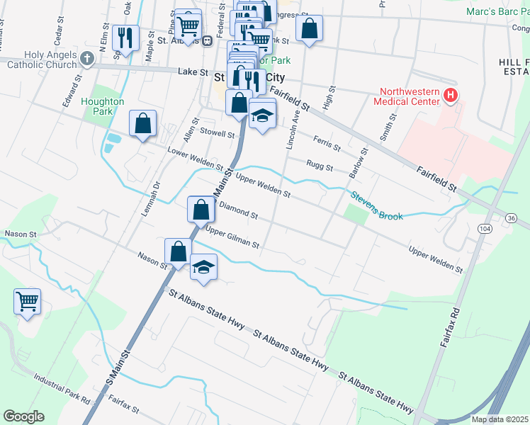 map of restaurants, bars, coffee shops, grocery stores, and more near 25 Diamond Street in Saint Albans City