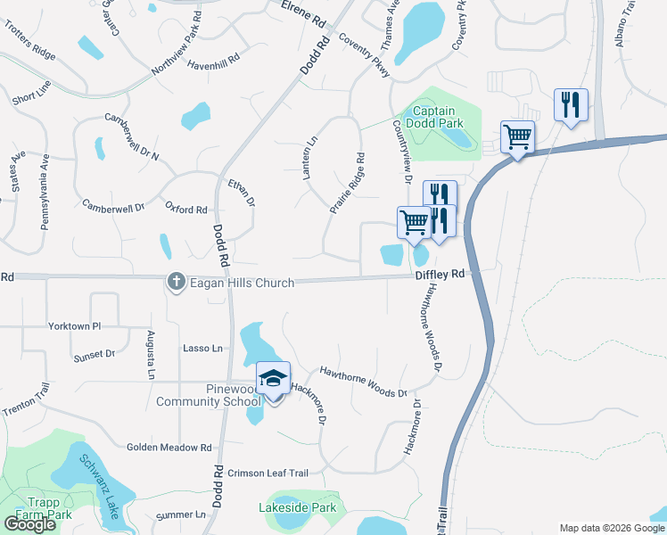 map of restaurants, bars, coffee shops, grocery stores, and more near 584 Autumn Oaks Court in Eagan