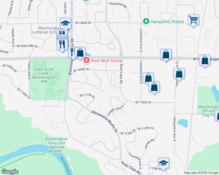 map of restaurants, bars, coffee shops, grocery stores, and more near 10956 Highland Road in Minneapolis
