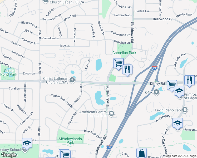 map of restaurants, bars, coffee shops, grocery stores, and more near 1870 Sapphire Point in Eagan