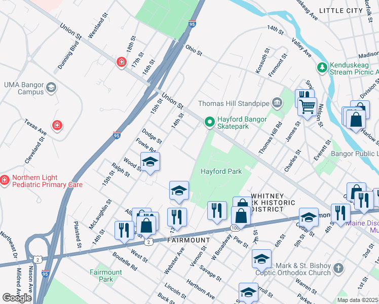 map of restaurants, bars, coffee shops, grocery stores, and more near 13 Rutland Street in Bangor