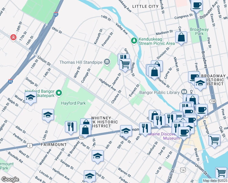 map of restaurants, bars, coffee shops, grocery stores, and more near 31 Highland Avenue in Bangor
