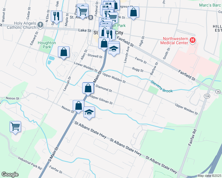 map of restaurants, bars, coffee shops, grocery stores, and more near 25 Diamond Street in Saint Albans City